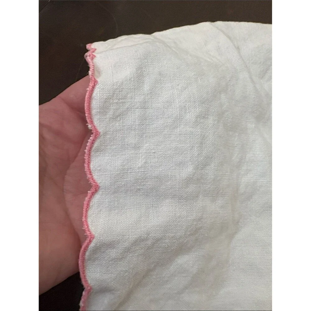 Vintage White Embroidered Linen Tablecloth with Pink Scalloped Edge
